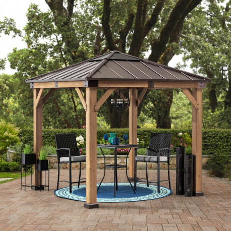 Cenador de jardín Rapi 273x273cm de madera maciza, acero y policarbonato marrón - Sunjoy