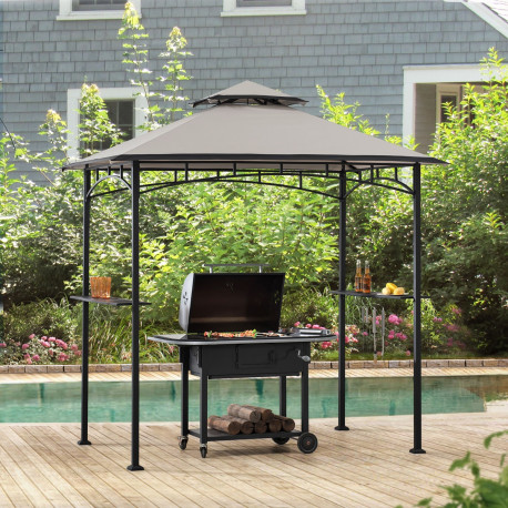 Cenador para barbacoa Linas 244x152cm de acero termolacado negro y techo de tela gris - Sunjoy