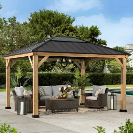 Cenador de jardín Bruri 335x393 cm en madera maciza, acero y policarbonato marrón - Sunjoy
