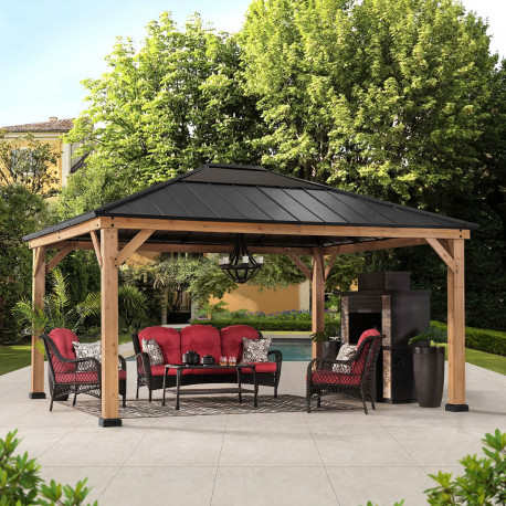 Cenador de jardín Ernir 393x452cm en madera maciza, acero y policarbonato antracita - Sunjoy