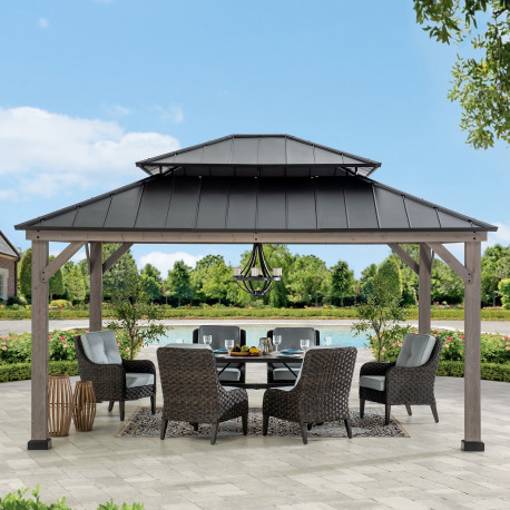 Cenador de jardín Risy 390x450cm en madera maciza gris y techo de acero negro - Sunjoy