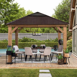 Cenador de jardín Pirin 336x336cm en madera maciza, acero marrón y policarbonato - Sunjoy