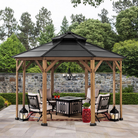Cenador de jardín Eggi 395x395cm de madera maciza y techo de acero antracita - Sunjoy