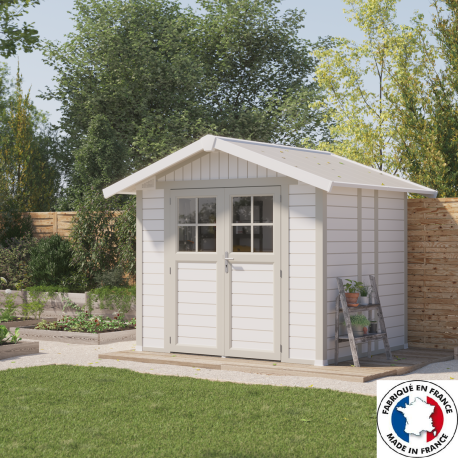 Caseta de jardín PVC 4,9m ² DECO de color blanco y gris verdoso Grosfillex