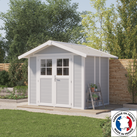  Caseta de jardín PVC 4,9m² DECO de color gris claro y blanco Grosfillex