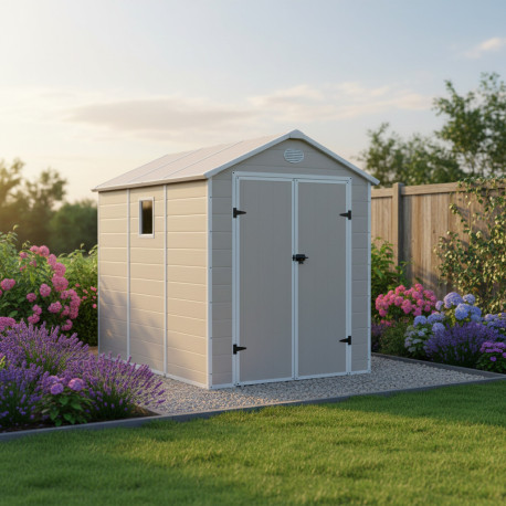 Caseta de jardín de resina beige 5,32m² + kit de base - JOBU