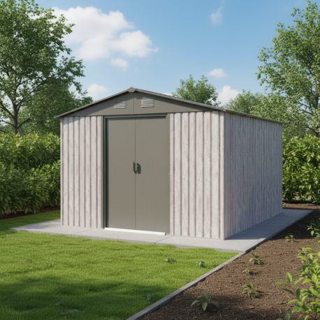 Caseta de jardín de metal beige de 9,12 m² Woodtouch + kit de anclaje X-METAL
