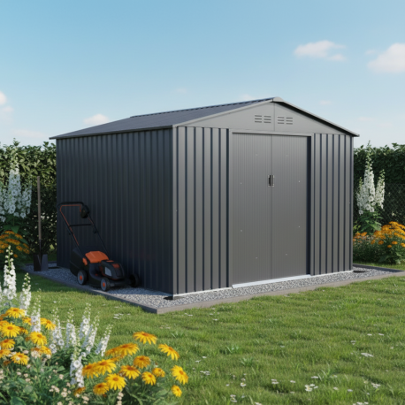 Caseta de jardín de metal antracita FIRST 8,84m² + kit de anclaje X-METAL