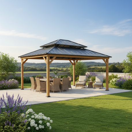 Cenador de jardín Rimo 390x450cm de madera maciza y techo de acero antracita - Sunjoy