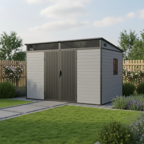 Caseta de jardín de resina cepillada DICKINS Skylight 6,05 m² gris y negro + suelo - JOBU