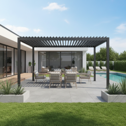 Pérgola bioclimática autoportante motorizada de aluminio con doble lama negro grafito 4x3m DOBLA - X-METAL