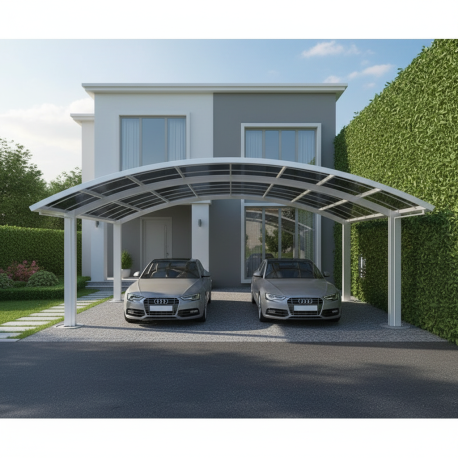 Cochera doble de 30 m² en aluminio lacado blanco y policarbonato transparente EAGLE - X-METAL