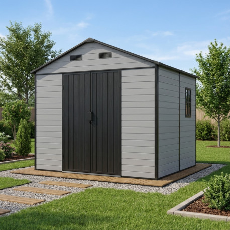 Caseta de jardín de resina cepillada DICKINS 5,69 m² gris y negro + suelo - JOBU