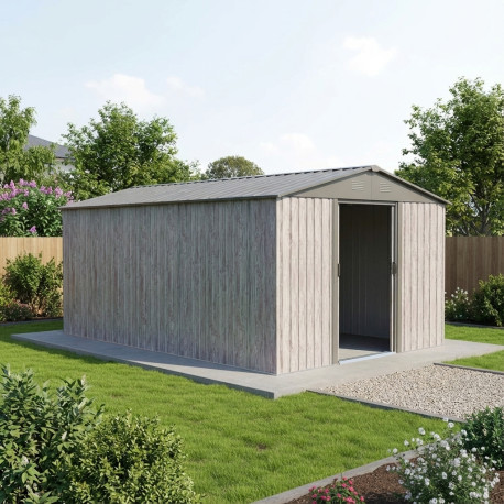 Caseta de jardín de metal beige de 11 m² Woodtouch + kit de anclaje X-METAL