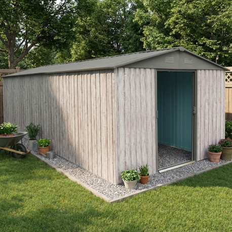 Caseta de jardín de metal beige de 13,6 m² Woodtouch + kit de anclaje X-METAL