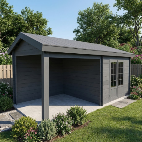 Caseta de jardín de composite gris oscuro 9m² con terraza - Woodlife