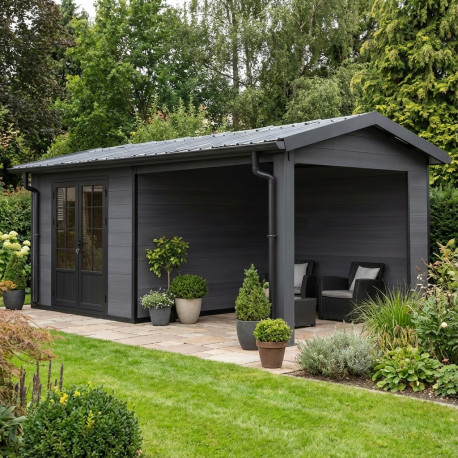 Caseta de jardín en madera composite y aluminio gris oscuro, 7,8m² + 7,8m² de terraza - Woodlife Garden