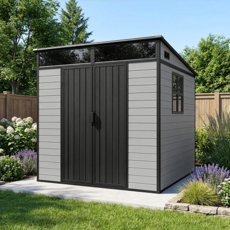 Caseta de jardín de resina cepillada DICKINS Skylight 4 m² gris y negro + suelo - JOBU