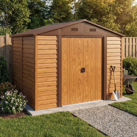 Caseta de jardín aspecto madera 4,6m² + kit de anclaje- X-METAL