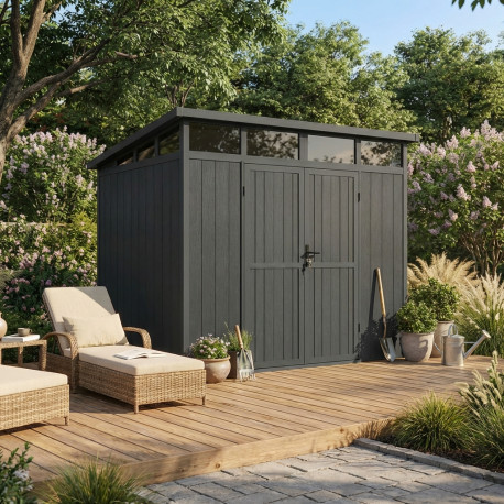 Caseta de jardín de madera compuesta 19,2mm antracita 5,95m² con claraboya GORDON - Woodlife Garden