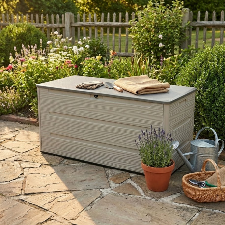 Cofre de jardín de HDPE Sunlife 645 L color crema y gris - Jobu