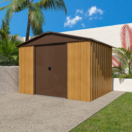 Caseta de jardín de metal con apariencia de madera y marrón 7,18m² + kit de anclaje incluido - YARDMASTER