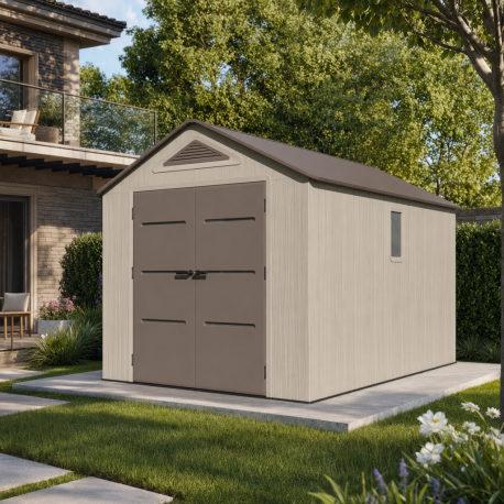 Caseta de jardín HDPE Sunlife 9,5m² crema y marrón + suelo - JOBU
