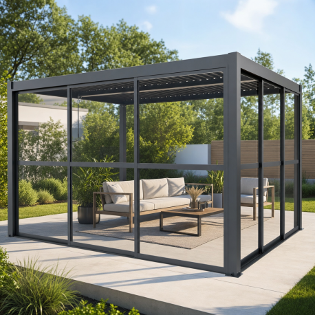 Paredes correderas en policarbonato transparente de 3mm para el lateral de una pérgola de 4m - X-METAL