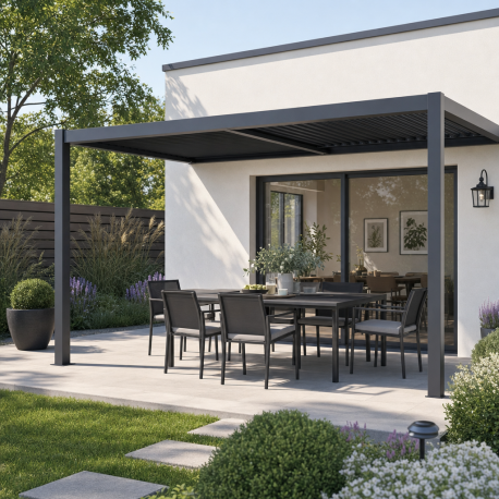 Pérgola bioclimática adosada de aluminio gris antracita 4x3m - 250 cm de altura - X-METAL