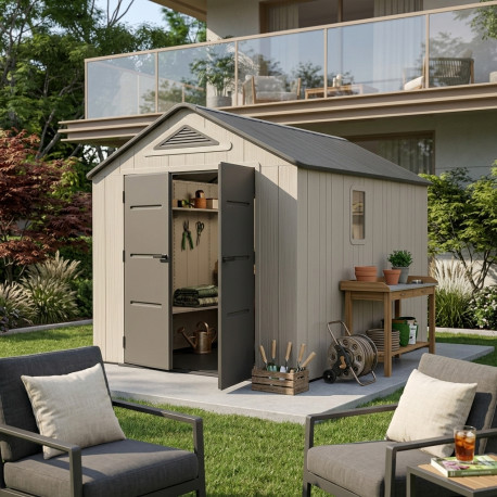Caseta de jardín HDPE Sunlife 7,8m² crema y gris + suelo - JOBU