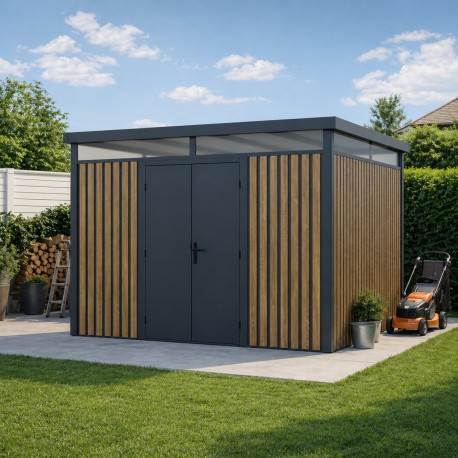 Caseta de jardín de acero galvanizado 0,4mm Woodsteel 8,8m² + kit de anclaje - X-Metal