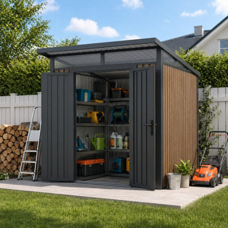 Caseta de jardín de acero galvanizado monopendiente 4,5m² Woodsteel + kit de anclaje - X-Metal