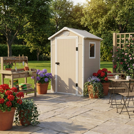 Pequeña caseta de jardín de resina beige 1,34m² + kit de base - JOBU