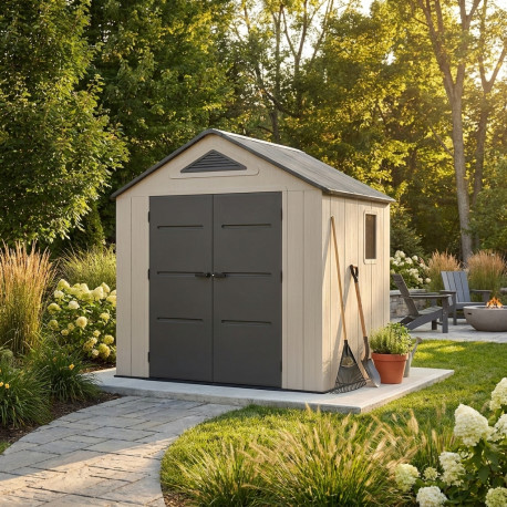 Caseta de jardín HDPE Sunlife 4,5m² crema y gris + suelo - JOBU