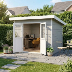 Caseta de jardín de madera compuesta 28 mm gris claro 9m² techo plano PREMIUM - Woodlife Garden