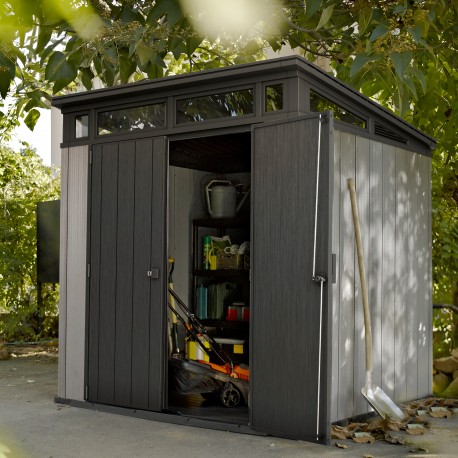 Caseta de resina cepillada Brossium pendiente simple 4,7m² + suelo Keter